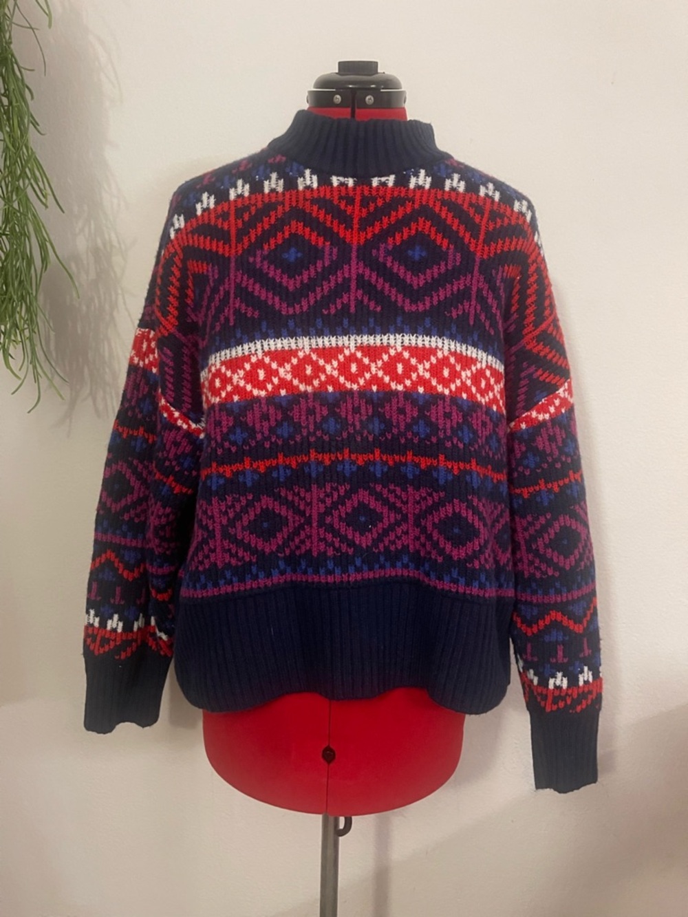 Old Navy Turtleneck Fair Isle Sweater in Navy, Red & Purple